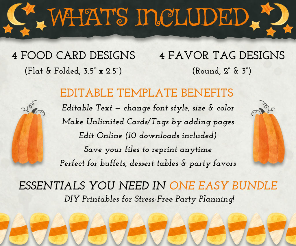 Whimsical Halloween food card & round favor tag bundle – What's included.