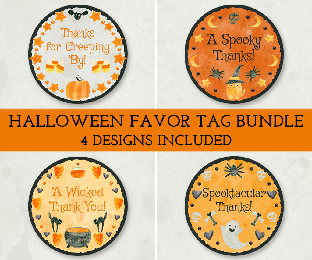 Four whimsical Halloween round favor tags featuring watercolor artwork of pumpkins, cats, ghost, hearts, moon & stars.