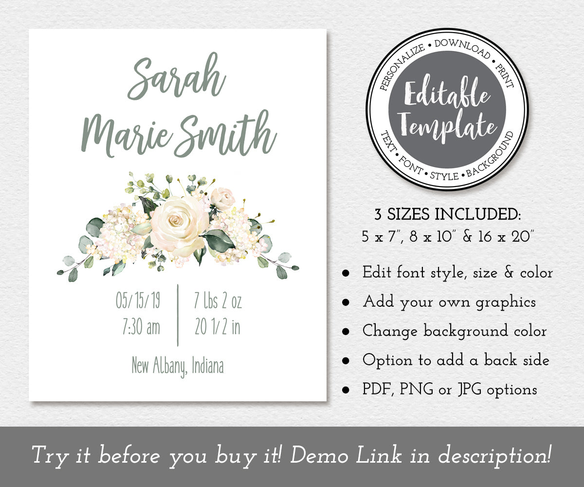 white floral birth stats editable template