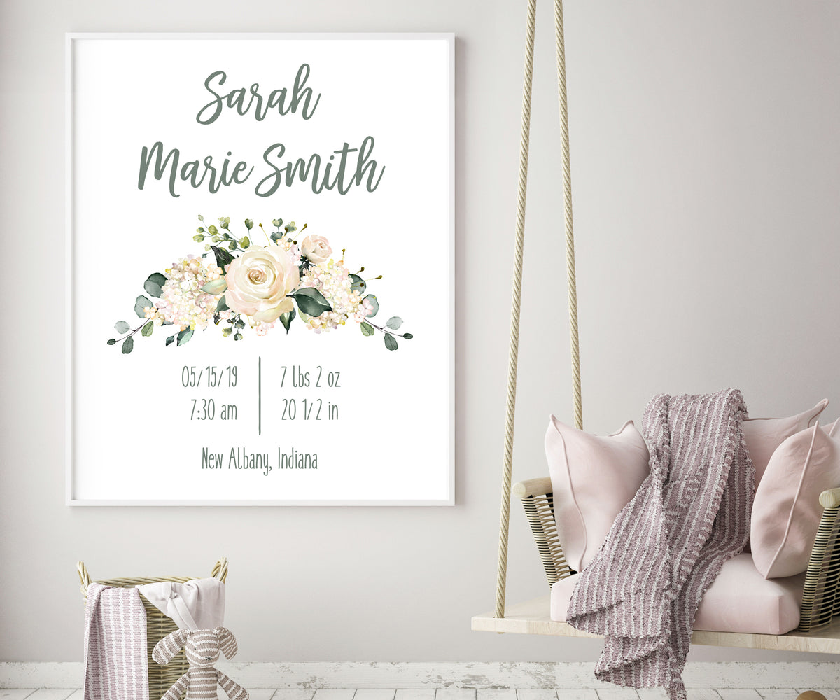 white floral birth stats nursery wall art