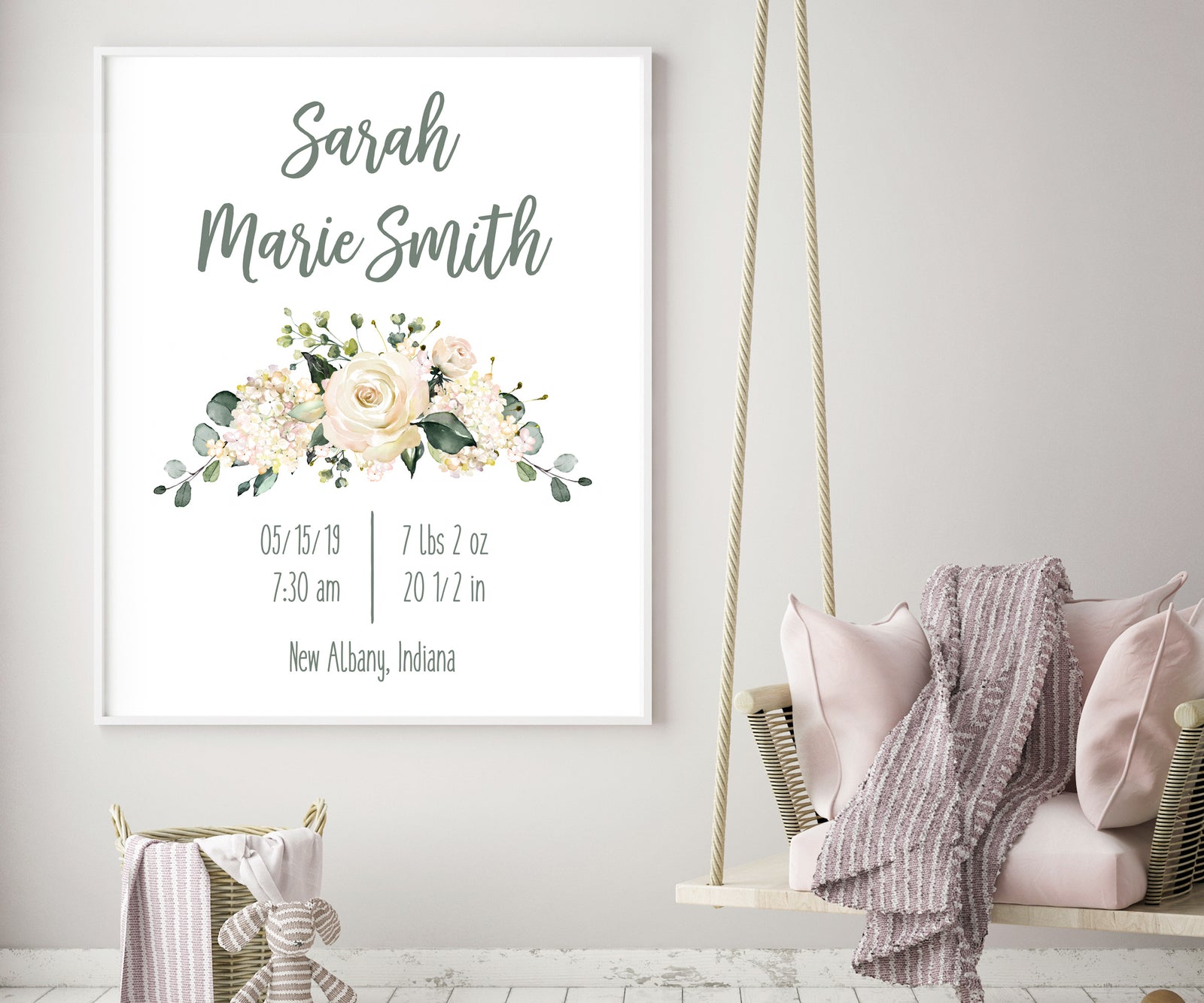 white floral birth stats nursery wall art