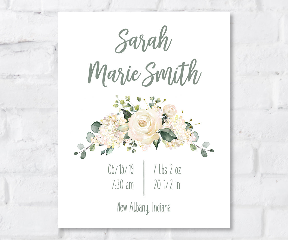 white floral birth stats printable