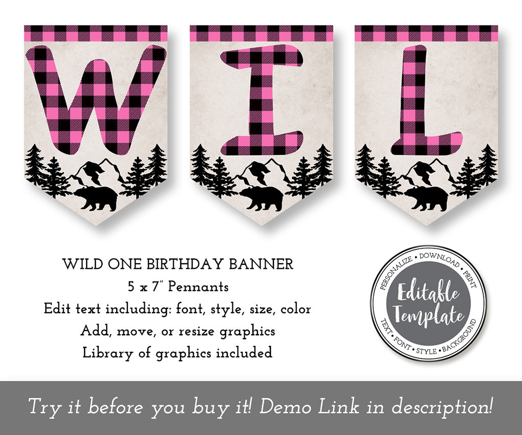 Wild one pink and black plaid 1st birthday banner editable template.