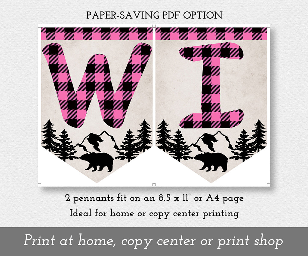 Paper saving download option for wild one pink and black plaid 1st birthday banner template.