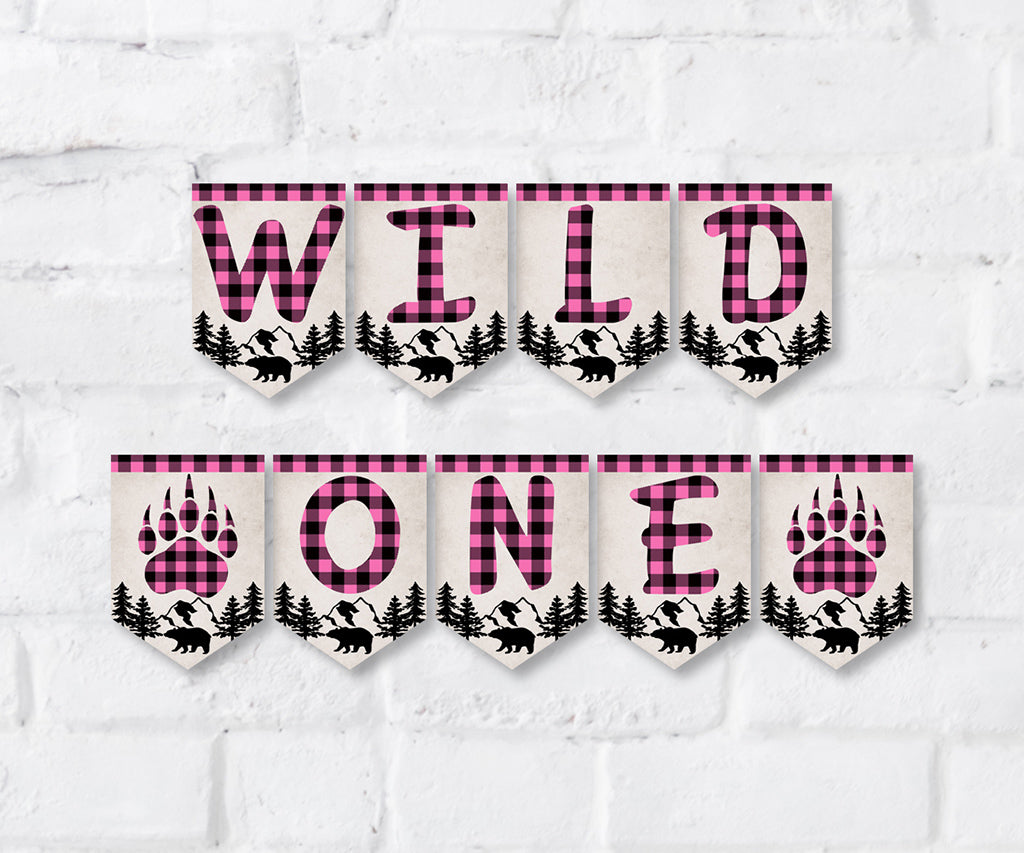 wild one pink and black plaid 1st birthday banner.