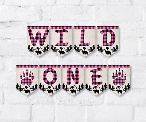 wild one pink and black plaid 1st birthday banner