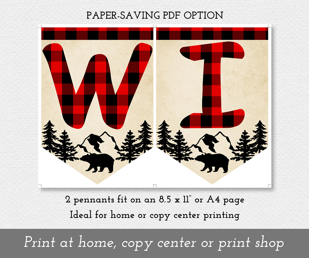 Paper saving download option for buffalo plaid wild one birthday banner printable.