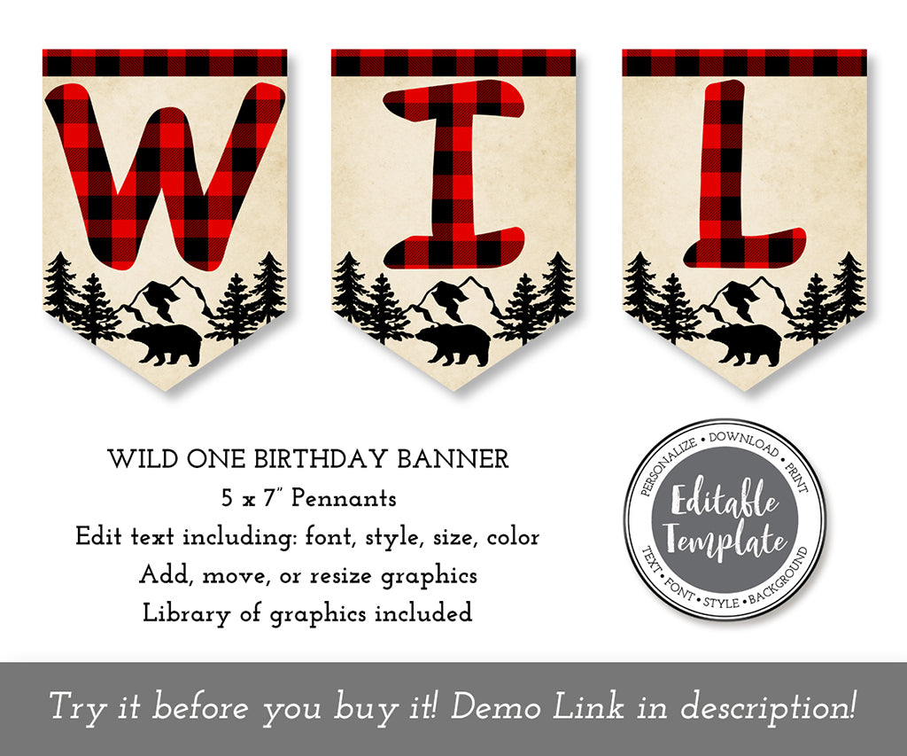 Buffalo plaid wild one birthday banner template.
