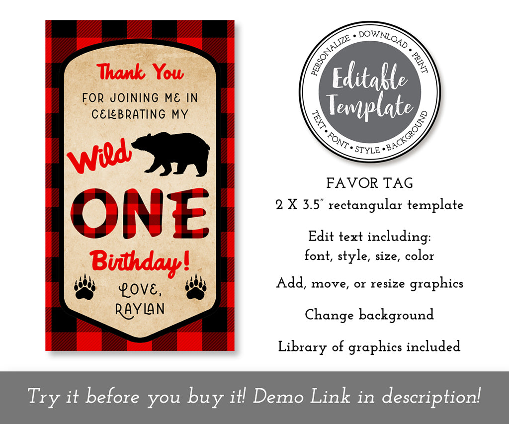 Wild ONE buffalo plaid rectangular favor tag editable template.