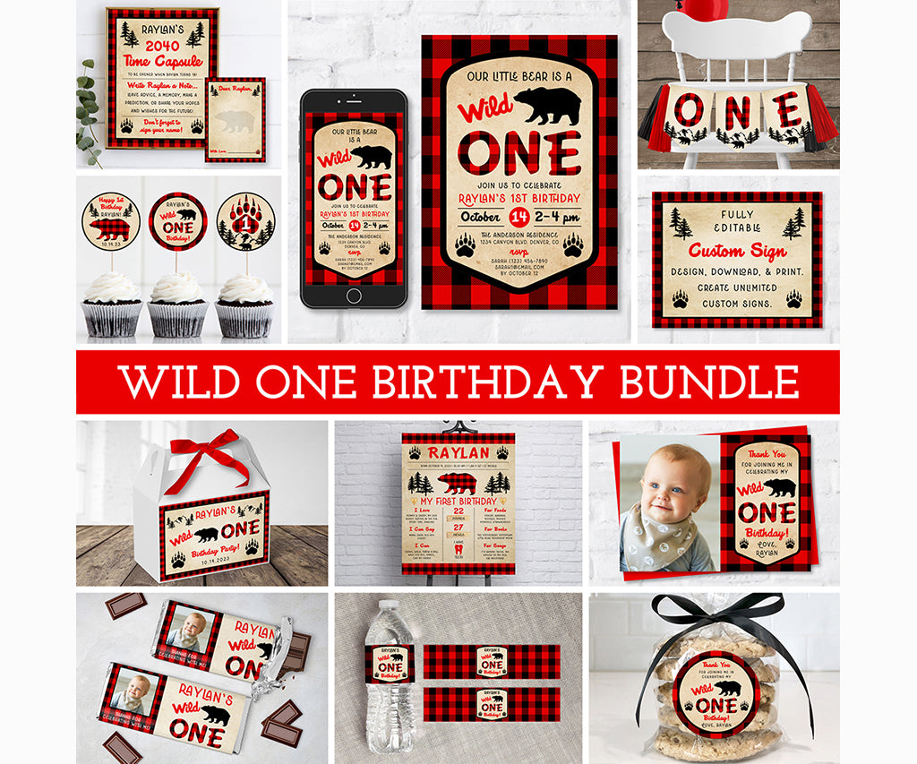 Wild one birthday party printable bundle in lumberjack buffalo plaid.