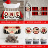 lumberjack buffalo plaid wild one birthday party templates, highchair banner, bottle wrappers, bag toppers, cupcake toppers