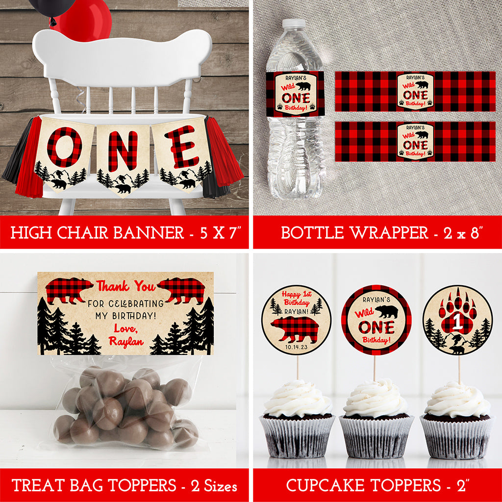 Lumberjack buffalo plaid wild one birthday party templates, highchair banner, bottle wrappers, bag toppers, cupcake toppers.