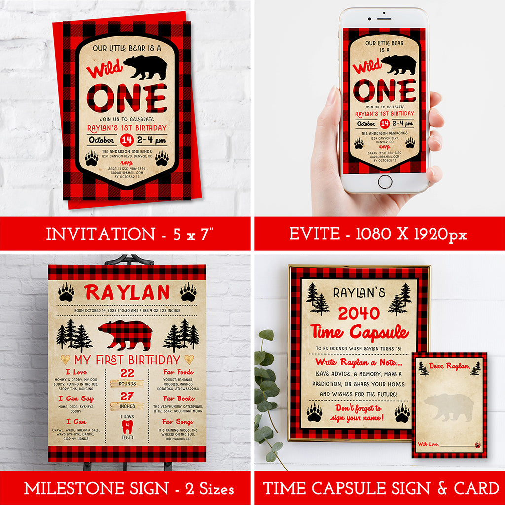 Wild ONE buffalo plaid birthday party templates, invitation, evite,  milestone sign, time capsule sign.