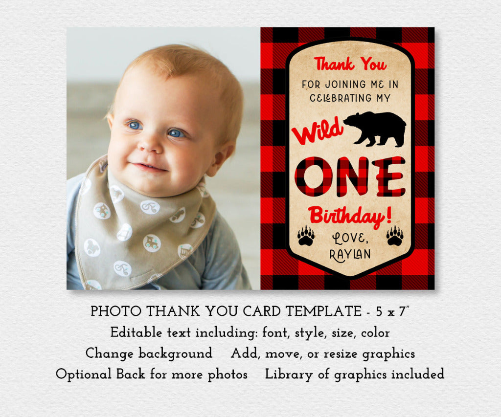 Wild ONE buffalo plaid first birthday photo thank you card template.