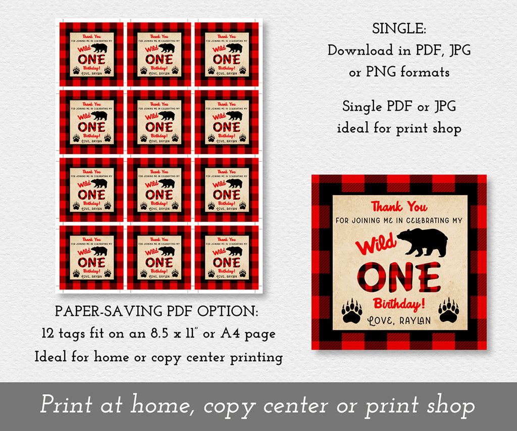 Wild ONE birthday favor tag download options.