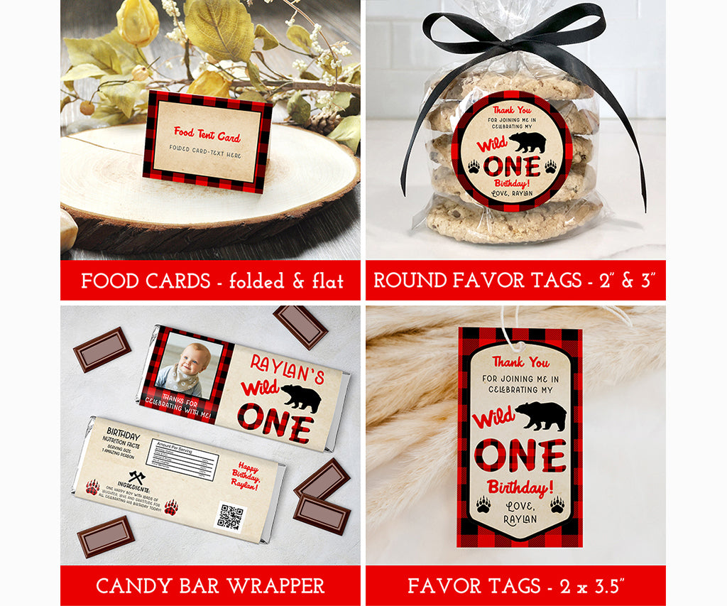 Wild ONE buffalo plaid birthday tags, labels and candy bar wrappers.