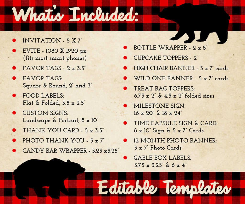 Whats included lumberjack buffalo plaid wild one birthday party printable bundle editable templates.