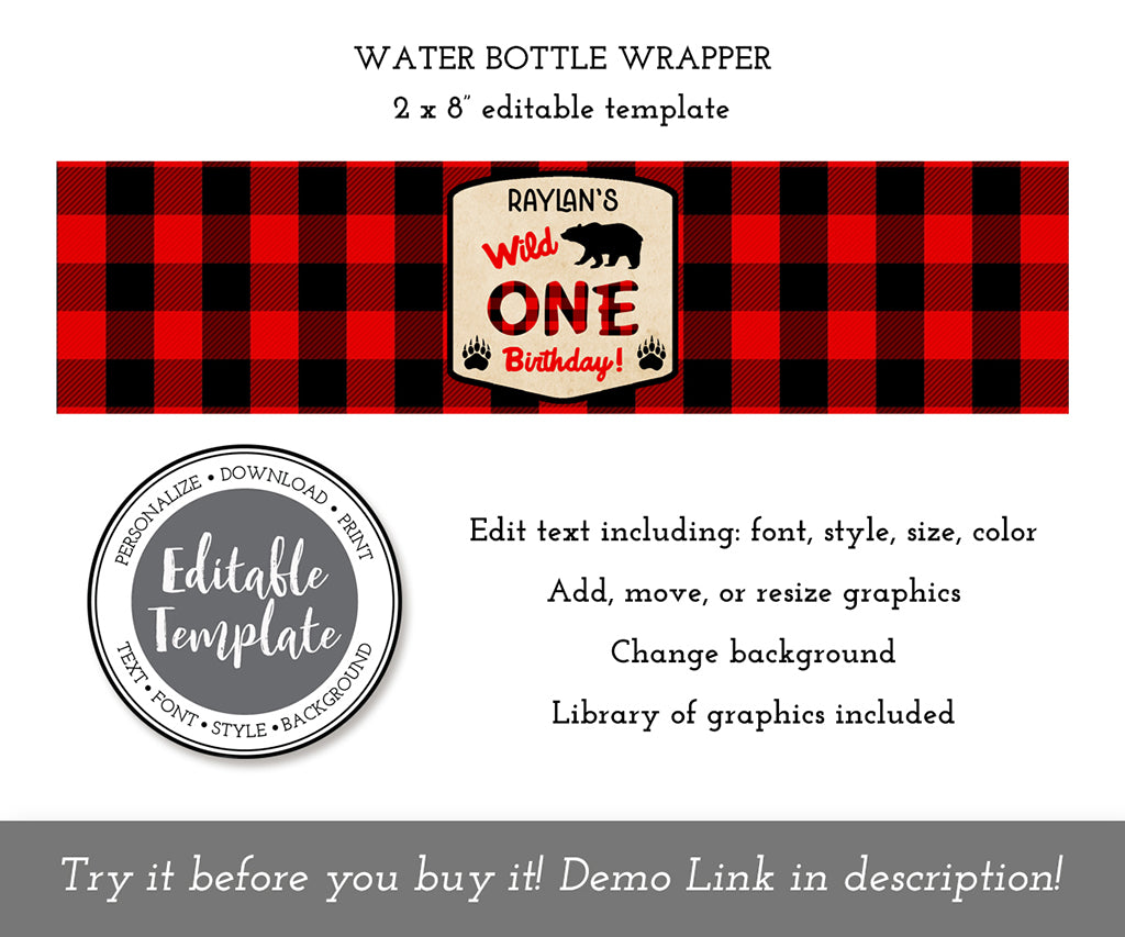 Wild one buffalo plaid birthday water bottle wrapper label editable template.