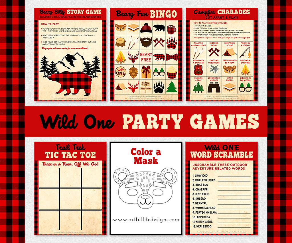 Wild One buffalo plaid bear and woodland themed printable party game set including: silly stories, bingo, charades, tic tac toe, word scramble and coloring pages.