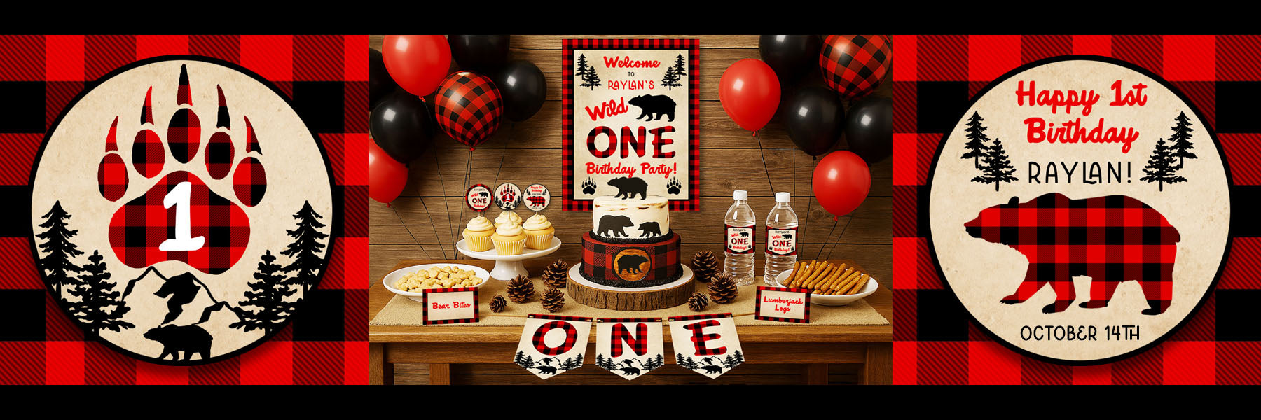 Wild One buffalo plaid birthday collection of templates and printables.