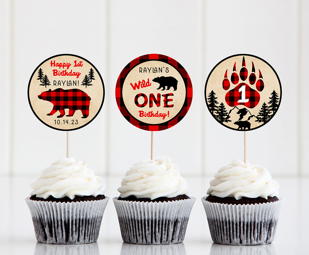 Wild ONE buffalo plaid cupcake toppers with bears and bear paws.