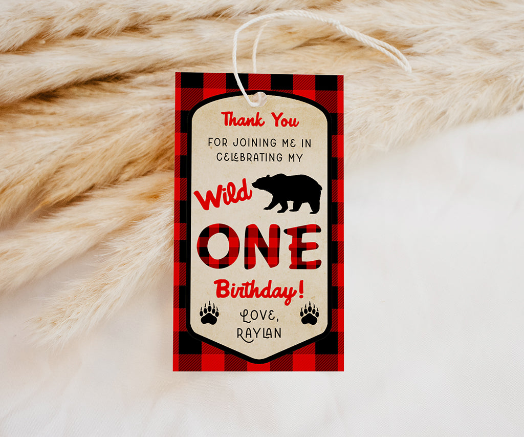 Wild ONE buffalo plaid rectangular favor tag.