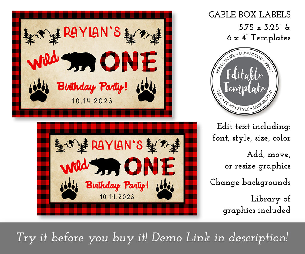 Wild ONE buffalo plaid birthday gable treat box label templates.