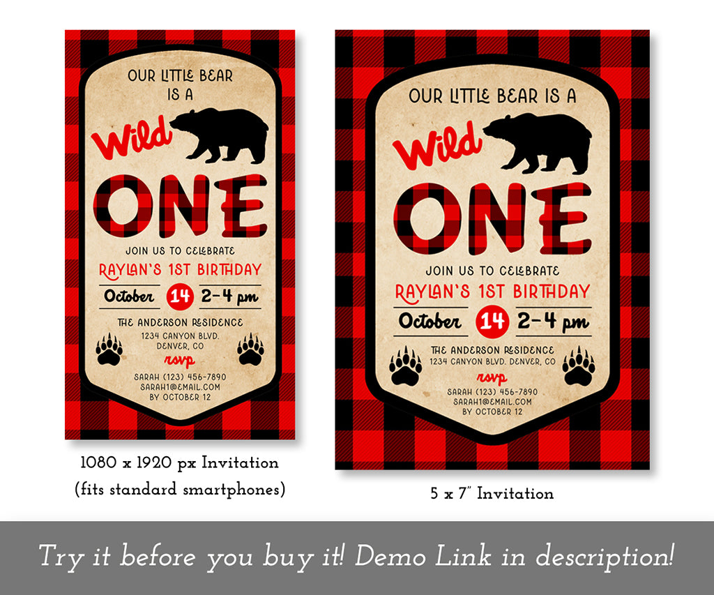 Wild ONE buffalo plaid first birthday 5 x 7 invitation & 1080x1920px mobile friendly invite.