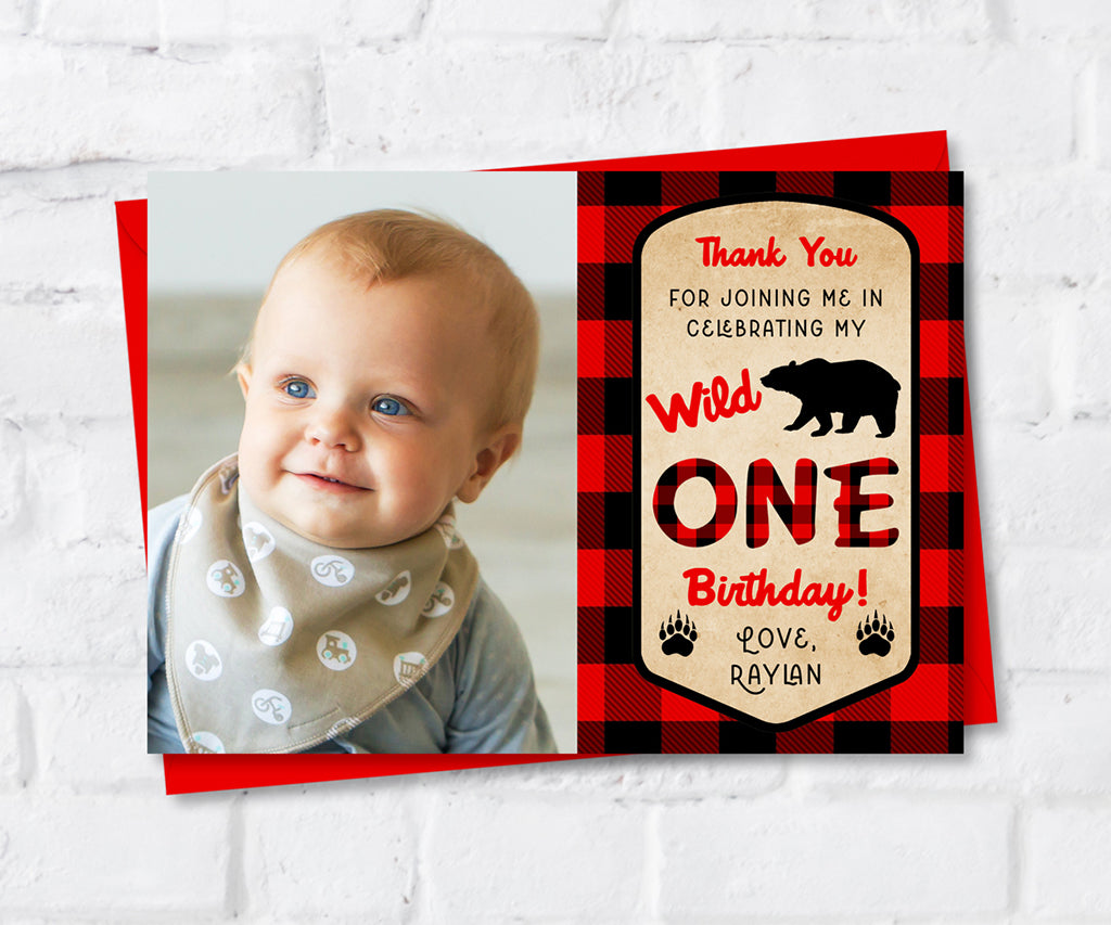 Wild ONE buffalo plaid first birthday photo thank you card.