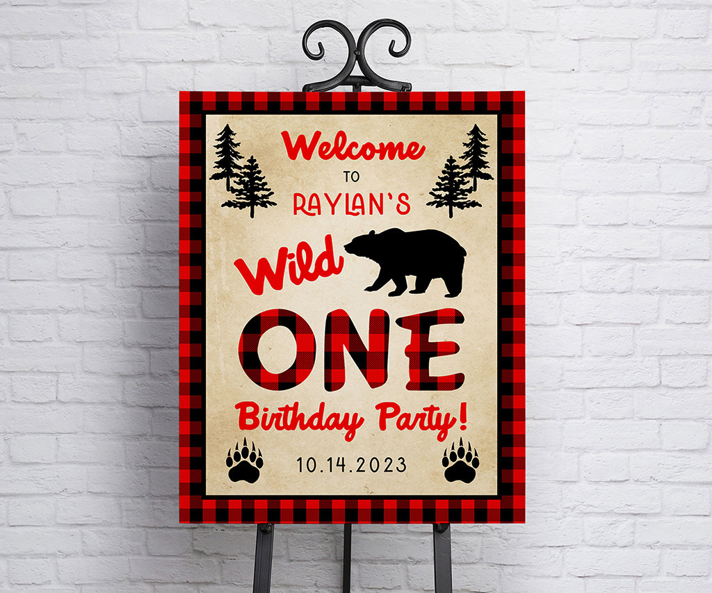 Wild ONE buffalo plaid first birthday welcome sign.