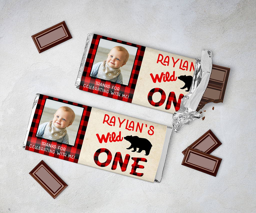 Wild one buffalo plaid candy bar wrappers.