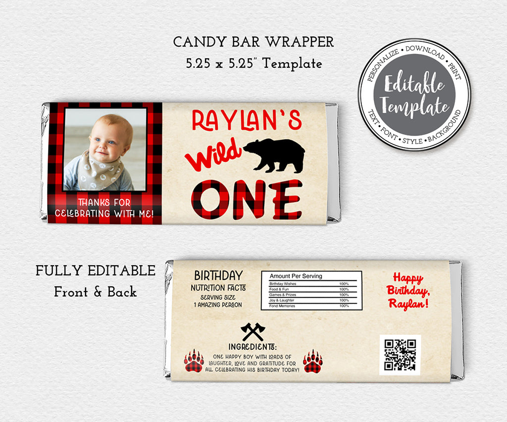 Wild one buffalo plaid candy bar wrappers front and back template.