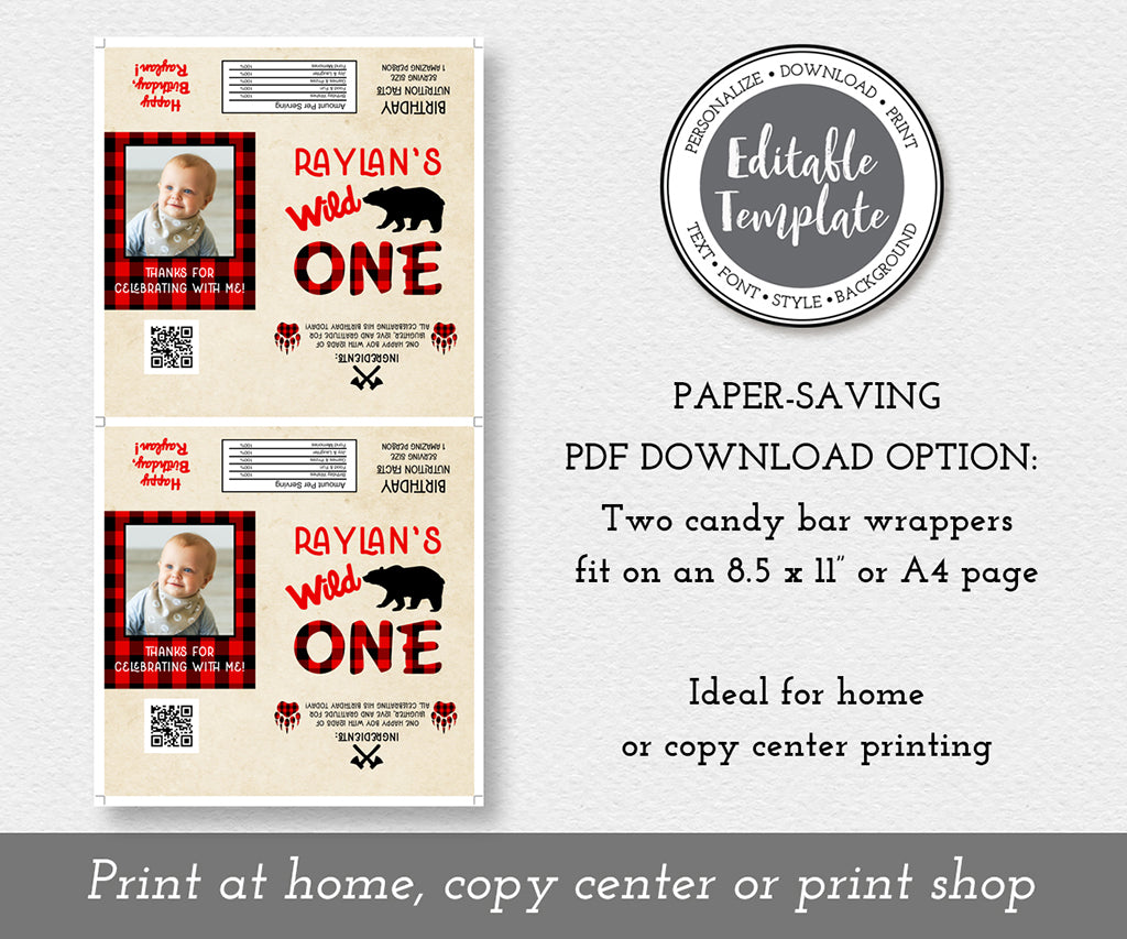 lumberjack buffalo plaid wild one candy bar wrapper paper saver download option.