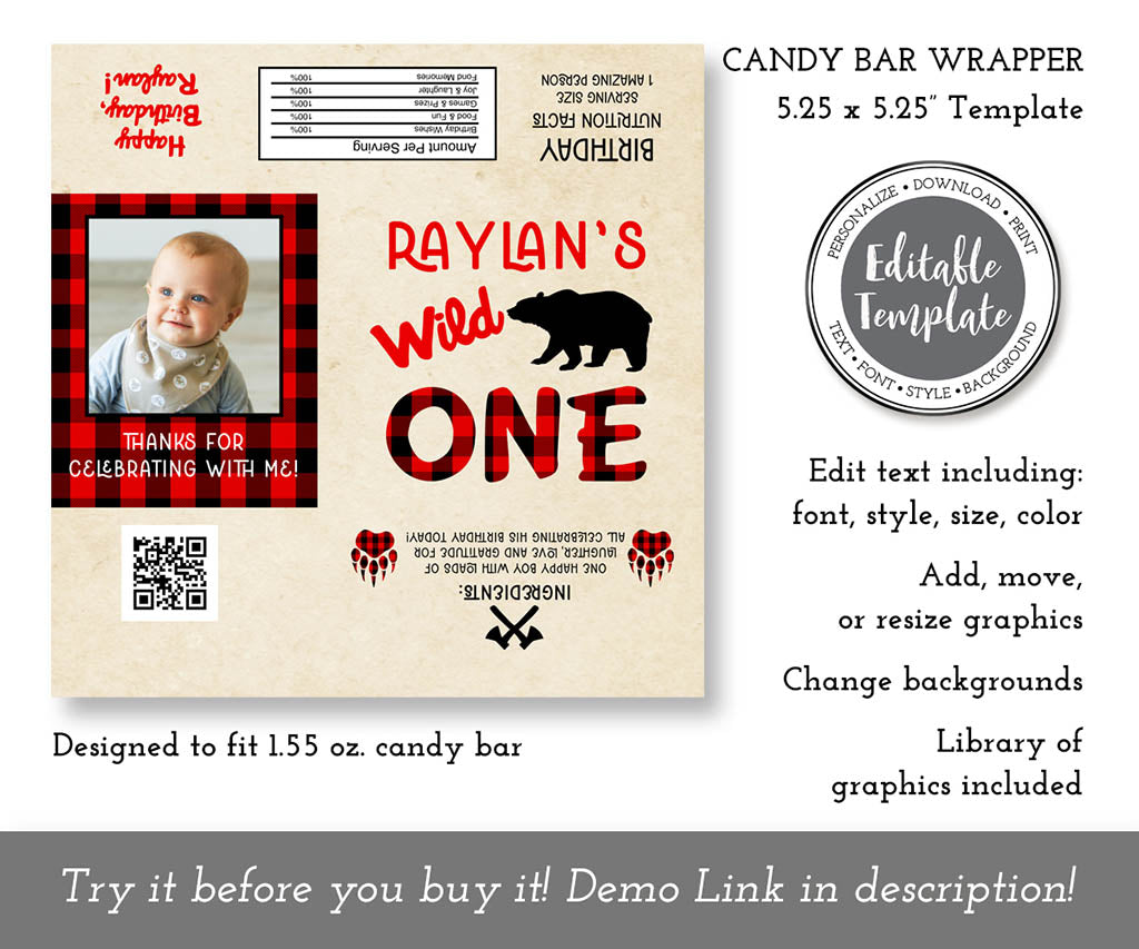 Wild one birthday buffalo plaid candy bar wrapper editable template.