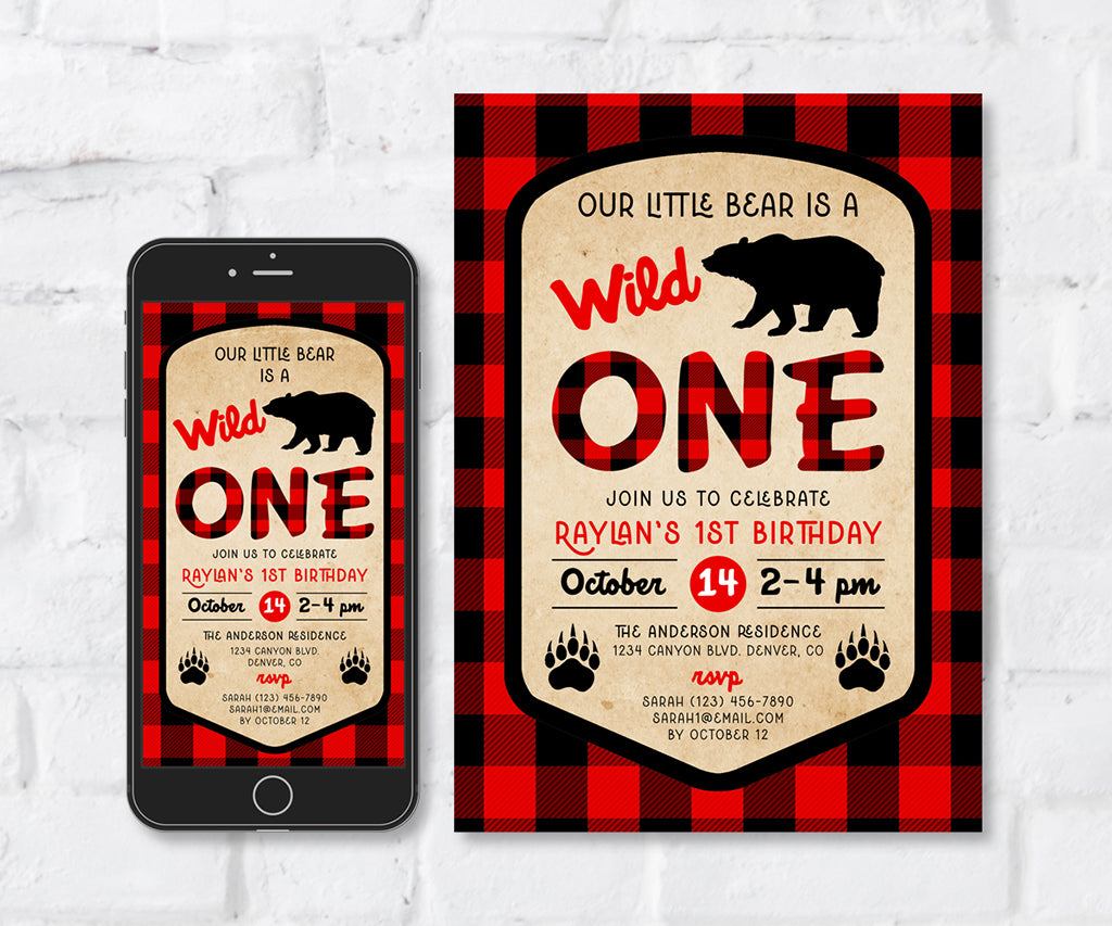 Wild ONE buffalo plaid first birthday 5 x 7 invitation & mobile friendly invite.
