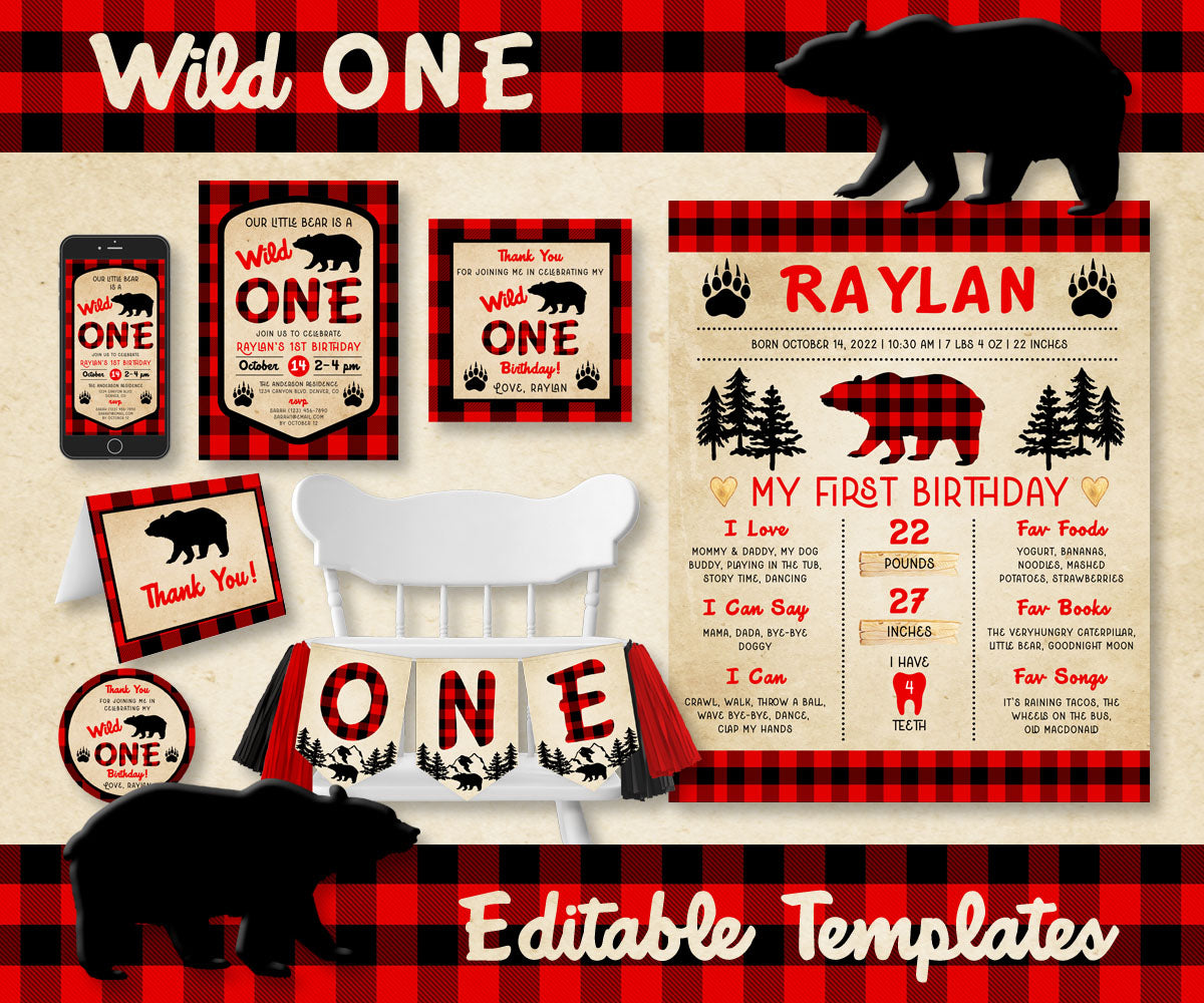 Wild One buffalo plaid templates and printables bundle.