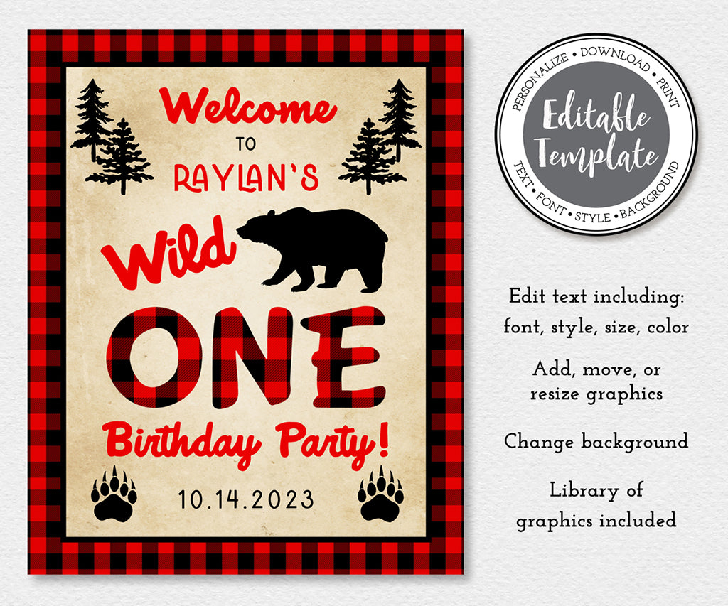 Wild ONE buffalo plaid first birthday welcome sign editable template.