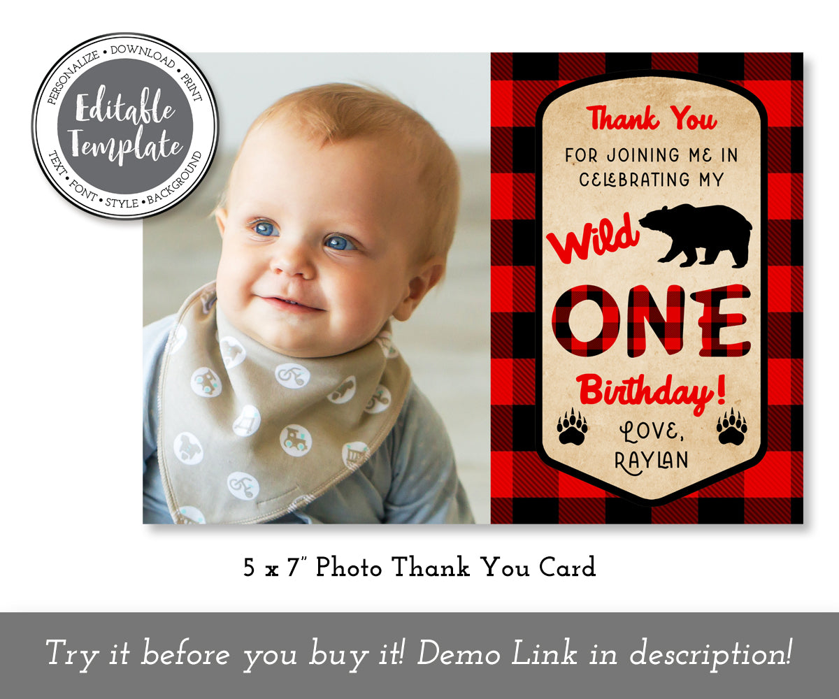Wild ONE buffalo plaid first birthday 5 x 7 photo thank you card editable template.