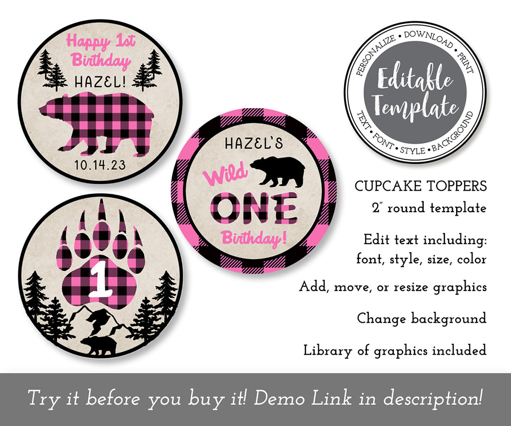 Pink buffalo plaid wild one birthday round cupcake topper editable templates.