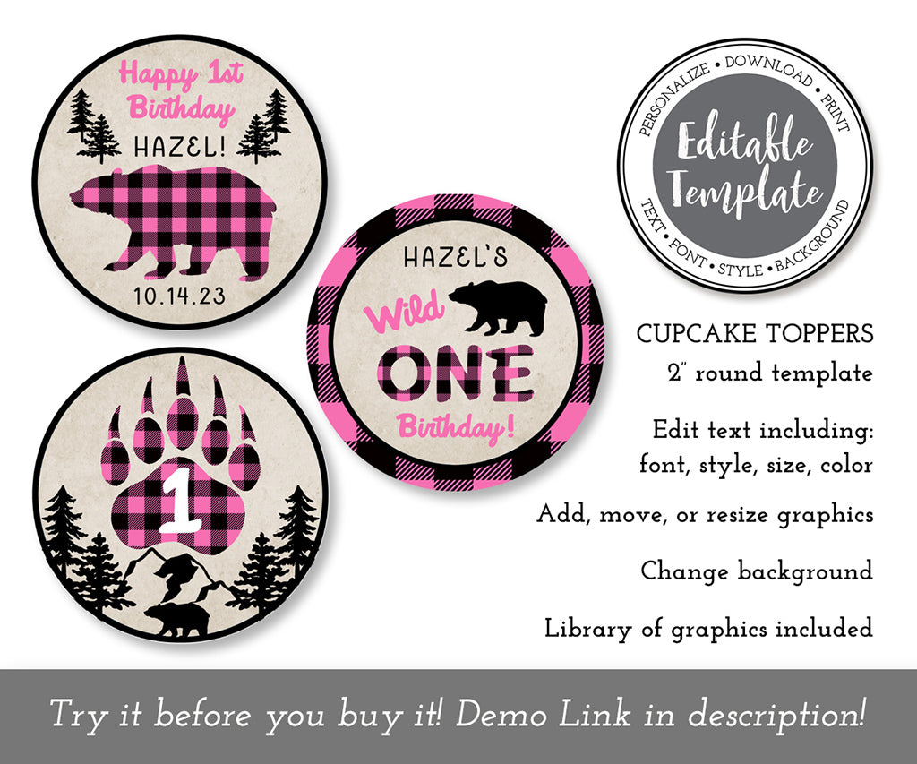 pink buffalo plaid wild one birthday cupcake topper editable templates.