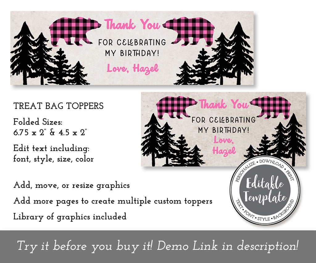 pink buffalo plaid wild one birthday treat bag topper templates in two sizes.