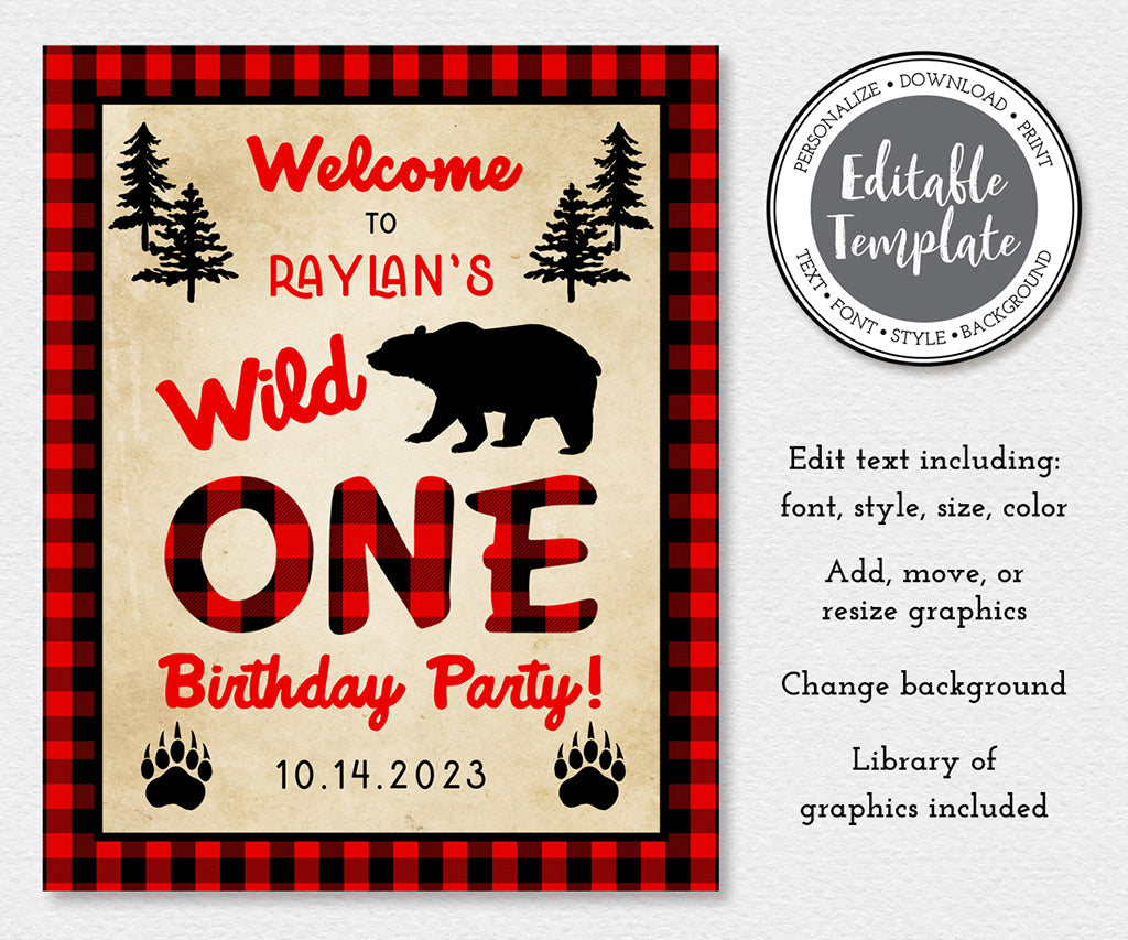 wild one lumberjack red buffalo plaid birthday welcome sign editable template