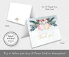 Winter baby shower folded thank you card template with pink and gold ornaments and pine greenery.
