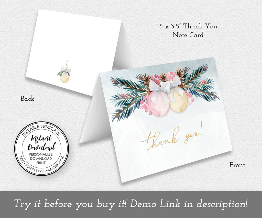 Winter baby shower folded thank you card template with pink and gold ornaments and pine greenery.