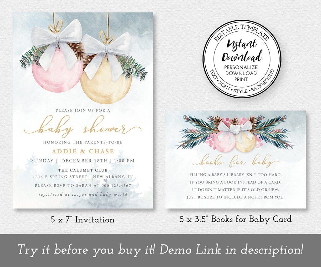 Winter baby shower invitation and books for baby card for baby girl, pink and gold ornaments with greenery.