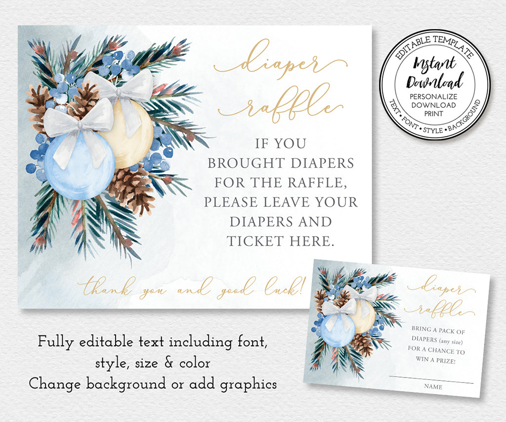 Winter Christmas baby shower diaper raffle sign and card with blue and gold ornaments and pine greenery.