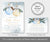 Winter Christmas boy baby shower invitation and books for baby card  with blue and gold ornaments and pine greenery.