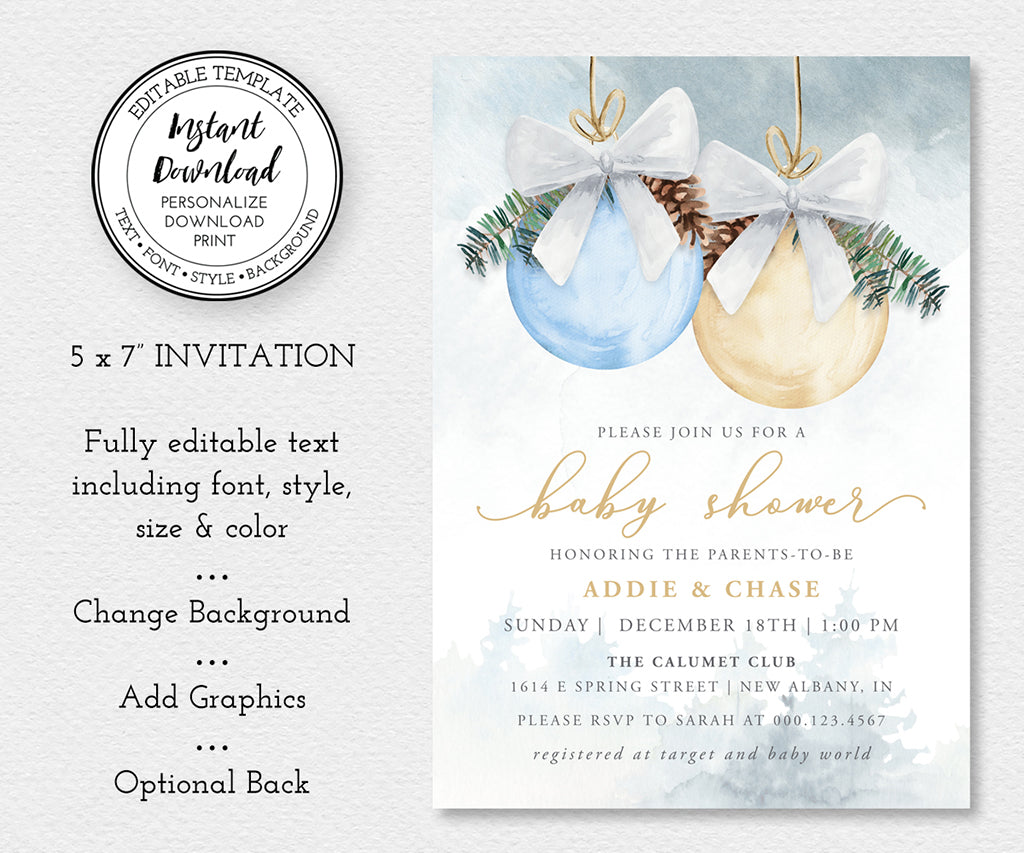 Winter Christmas boy baby shower invitation template with blue and gold ornaments and pine greenery.