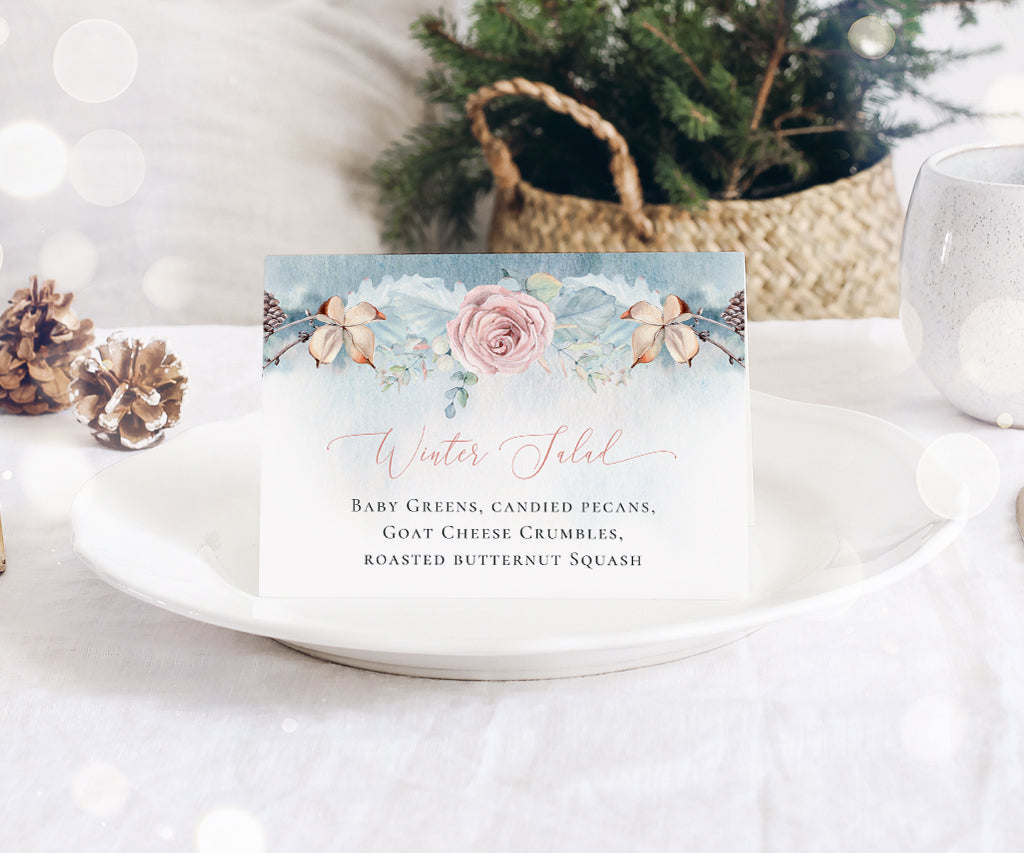 Winter wedding, shower or holiday folded buffet food card.