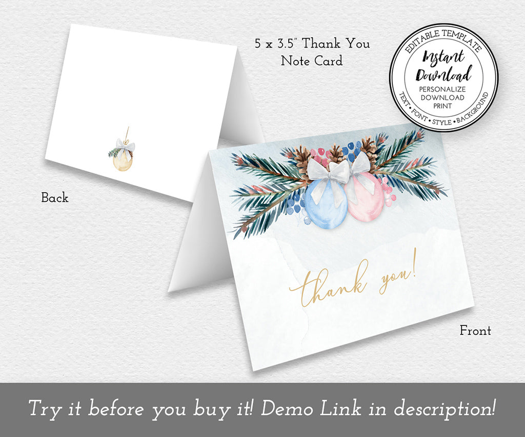 Winter Christmas folded gender reveal thank you card template.